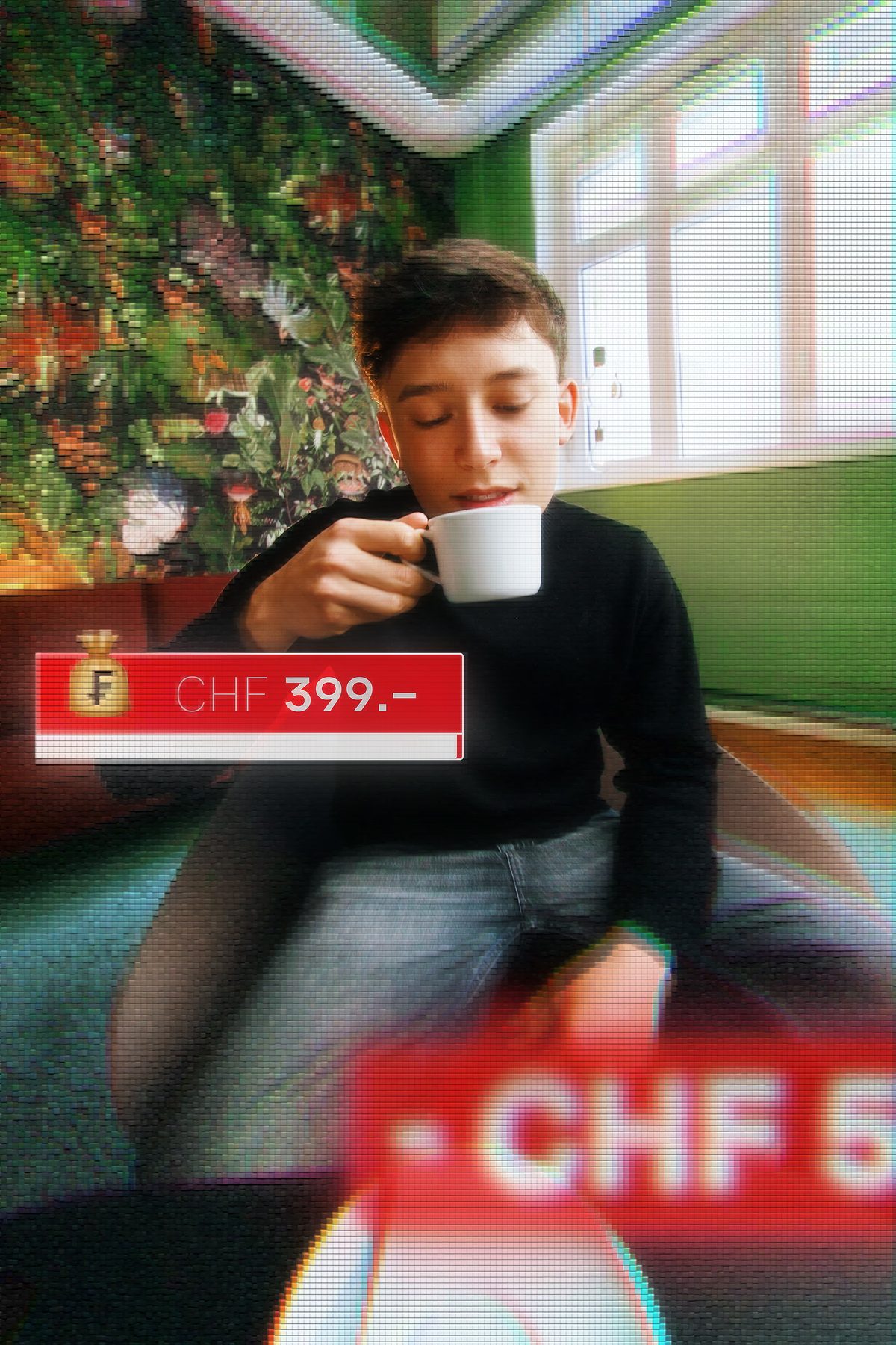 BEKB-Jugendkonto-Kampagne: Jugendlicher mit Kaffee und Preis-Einblendung wie im Videogame